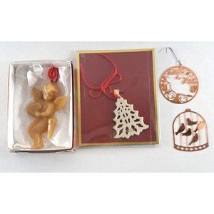 Christmas Ornament Lot Of 4 Wax Angel Copper Metal Birds Fruit Lenox Tree